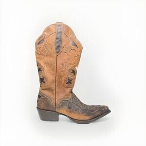 Brown Leather Inlay J.B. Dillon Cowboy Boots Women's Size 8 1/2